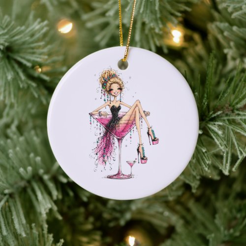 Cute Flirty Lady in a Martini Glass Ceramic Ornament