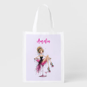 Cute Flirty Lady in a Martini Glass Grocery Bag