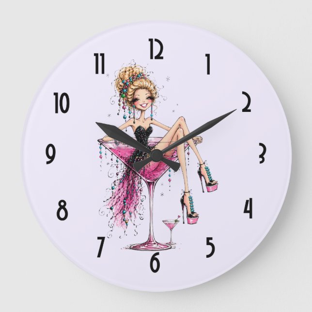 Cute Flirty Lady in a Martini Glass Large Clock (Front)