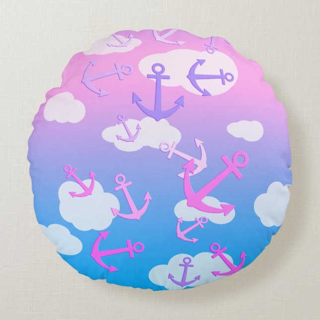 Cute Floating Anchors Coloful Pastel Children's Round Pillow (Front)