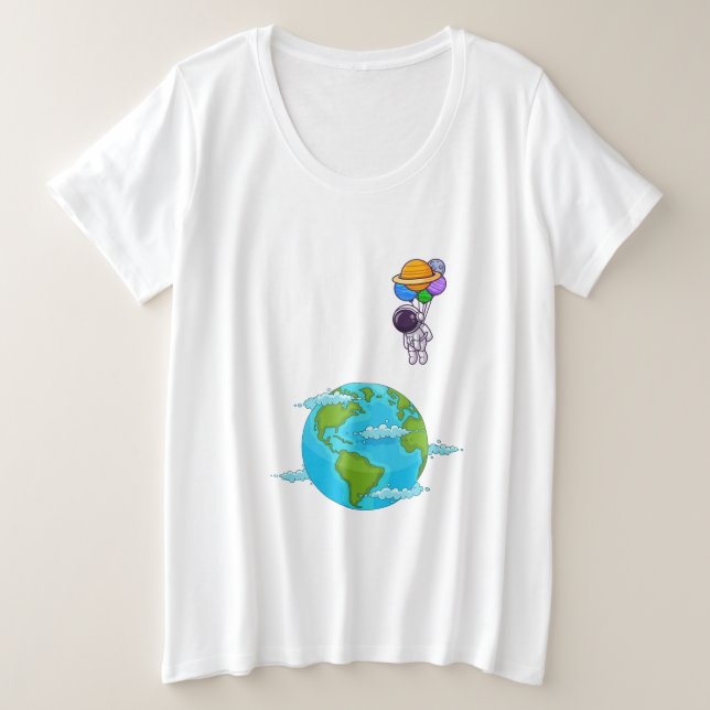 Cute Floating Astronaut with Balloons Over Earth  Plus Size T-Shirt (Design Front)