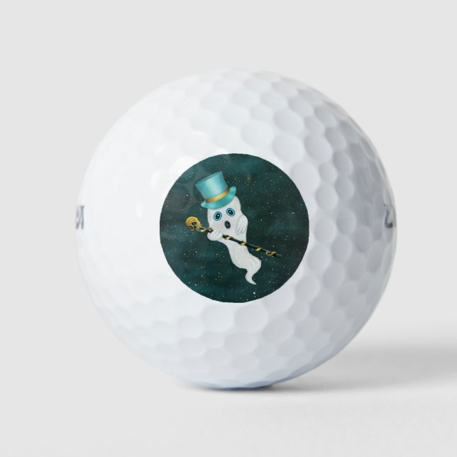 Cute Floating Ghost Blue Eyes Night Sky Skull Cane Golf Balls (Front)