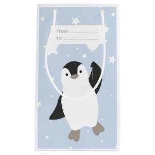 Cute Floating Penguin and Balloon in Snow Small Gift Bag
