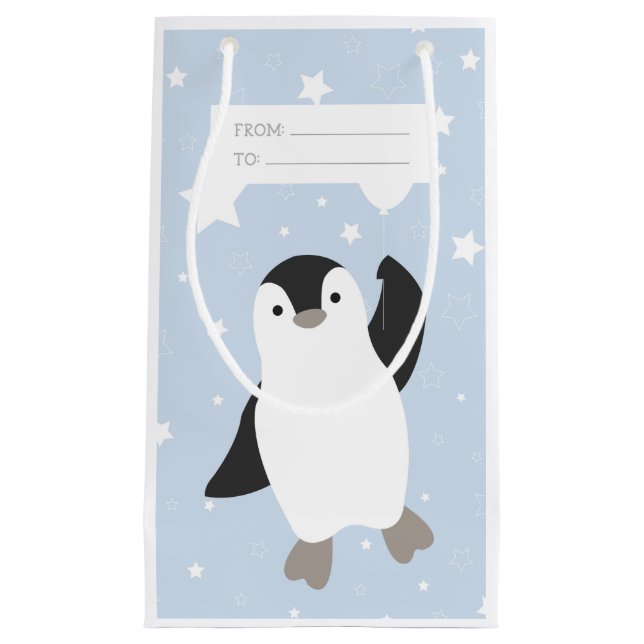 Cute Floating Penguin and Balloon in Snow Small Gift Bag (Front)