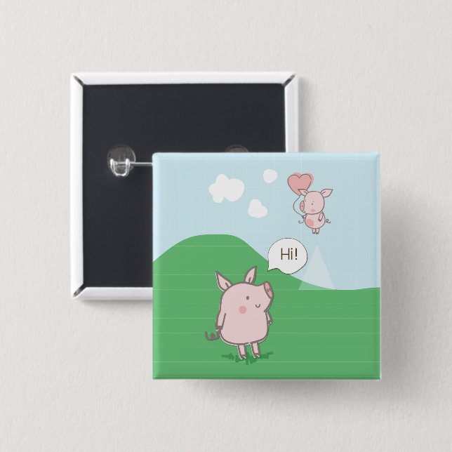 Cute Floating Pig Saying Hi Button (Front & Back)