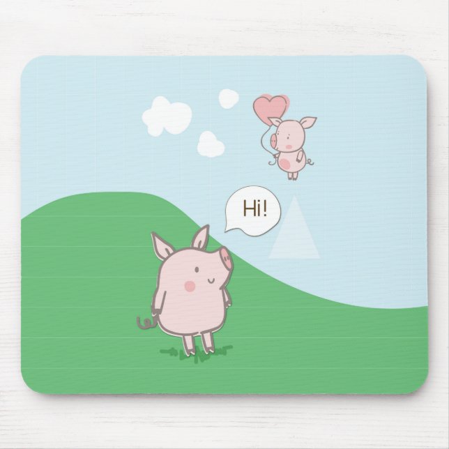 Cute Floating Pig Saying Hi Mouse Pad (Front)