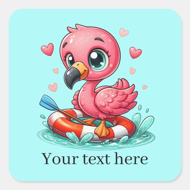 Cute floating pink flamingo add text square sticker (Front)