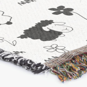 Cute Flock of Sheep Illustration Black And White Throw Blanket