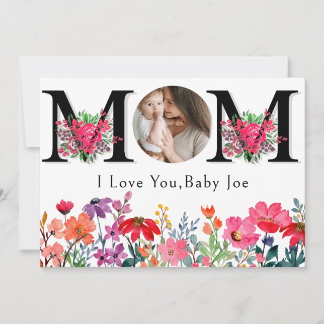 Cute FLORA LOVE YOU MOM Mother's Day Photo Holiday Card (Front)