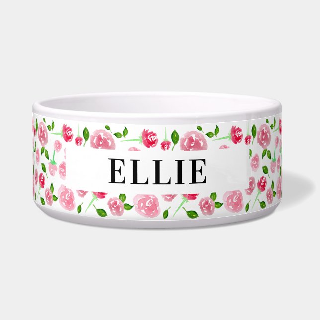 Cute Floral Add Pet's Name Custom Text Pink Bowl (Front)