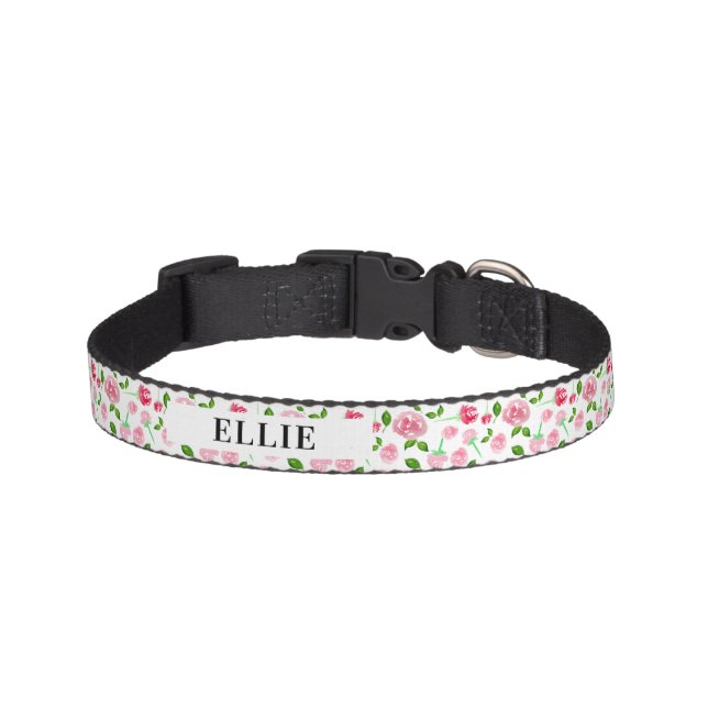 Cute Floral Add Pet's Name Custom Text Pink Pet Collar (Front)