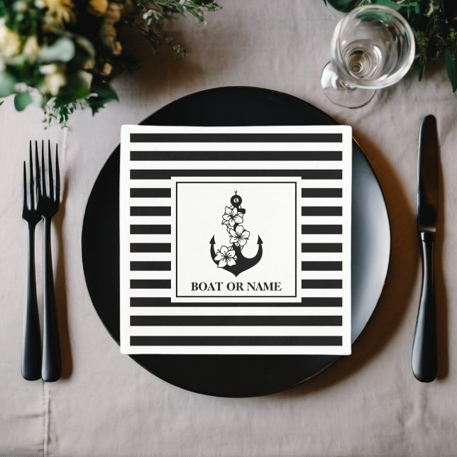 Cute Floral Anchor Custom Boat Or Name Black White Napkins (Creator Uploaded)