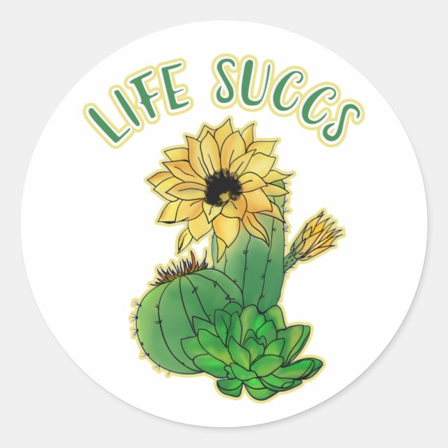 Cute Floral and Cacti Succulent Gag Classic Round Sticker (Front)