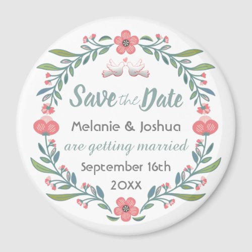 Cute Floral and Dove Wreath Save the Date Magnet