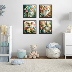 Cute Floral animals Kid's room Wall Art Sets