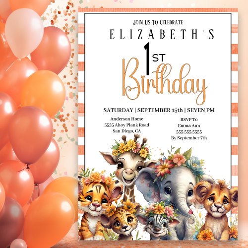 Cute Floral Baby Animals 1st Birthday Invitation