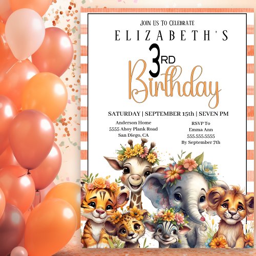 Cute Floral Baby Animals 3rd Birthday Invitation