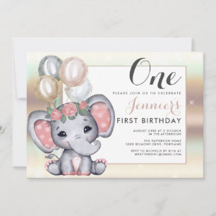 Cute Floral Baby Elephant With Balloons Invitation