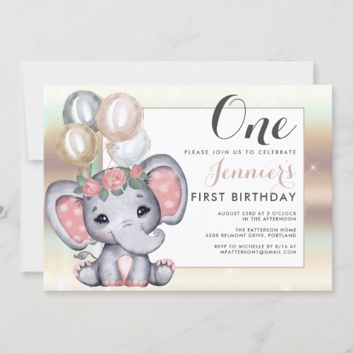 Cute Floral Baby Elephant With Balloons Invitation