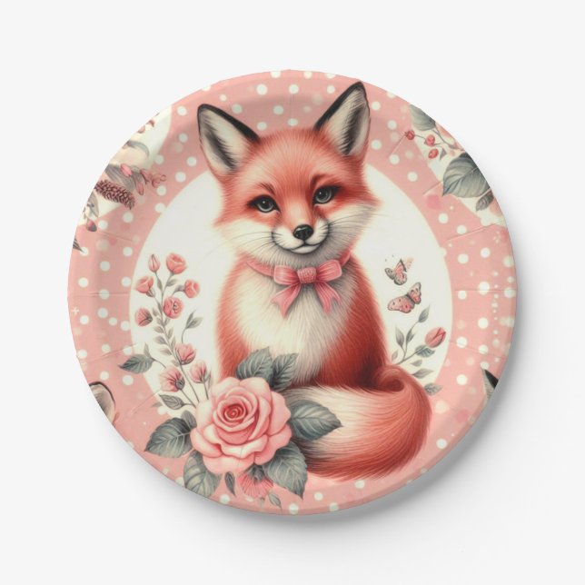 Cute Floral Baby Fox Paper Plates (Front)