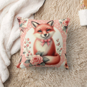 Cute Floral Baby Fox Throw Pillow