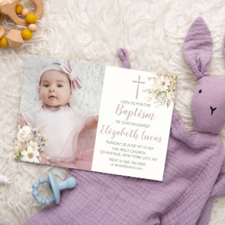 Cute Floral Baby Girl Baptism Photo Invitation