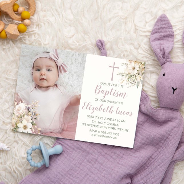 Cute Floral Baby Girl Baptism Photo Invitation (Cute Floral Baby Girl Baptism Photo Invitation)