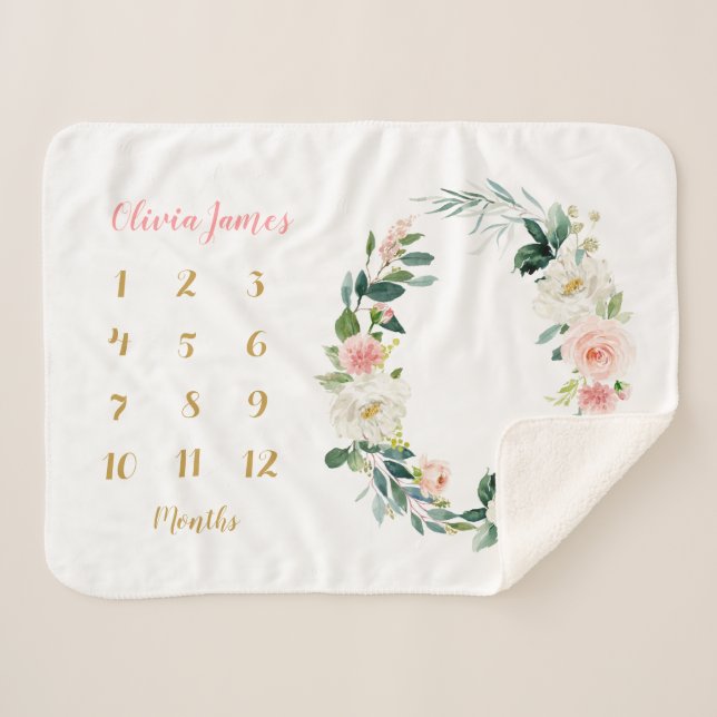 Cute Floral Baby Girl Milestone Monthly Baby Sherpa Blanket (Front (Horizontal))