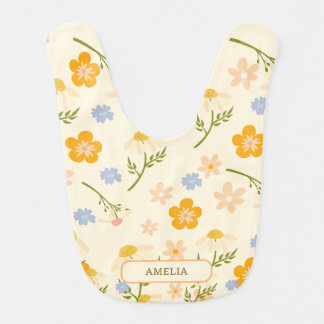 Cute floral Baby Girl Pink Flowers with Name Baby Bib