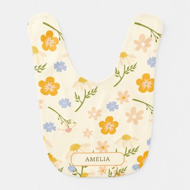 Cute floral Baby Girl Pink Flowers with Name Bib (Front)