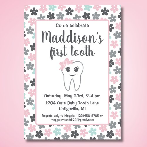 Cute Floral Baby Girls First Tooth Party Invitation
