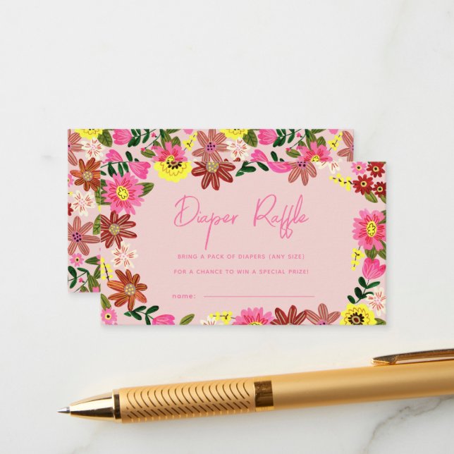 Cute Floral Baby Shower Diaper Raffle Ticket Enclosure Card (Front/Back In Situ)