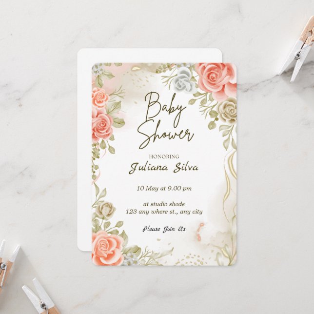 Cute Floral Baby Shower Invitation  (Front/Back In Situ)