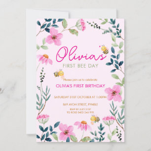 Cute Floral Bee Birthday Invitation