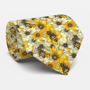 Cute floral bee tiled pattern neck tie