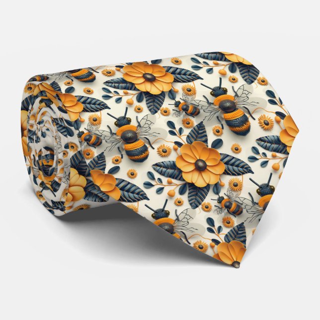 Cute floral bee tiled pattern  neck tie (Rolled)