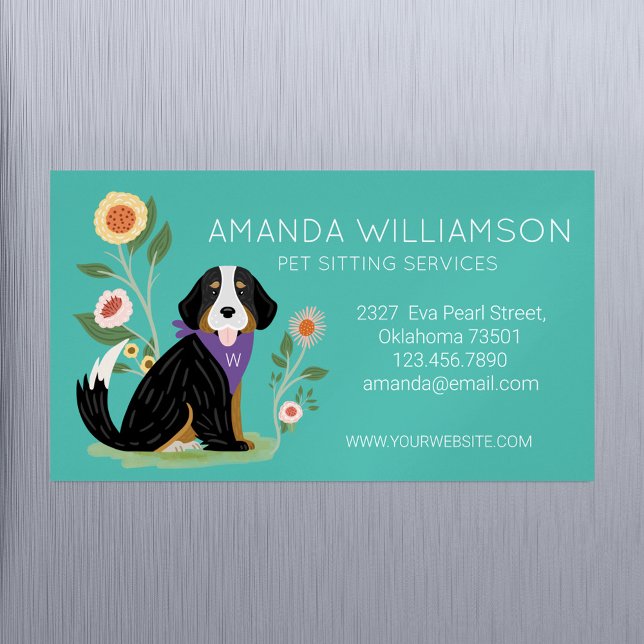 Cute Floral Bernese Mountain Dog Pet Care Services Business Card Magnet (Cute Floral Bernese Mountain Dog Pet Care Services Business Card Magnet)