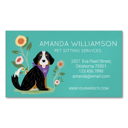 Cute Floral Bernese Mountain Dog Pet Care Services Business Card Magnet