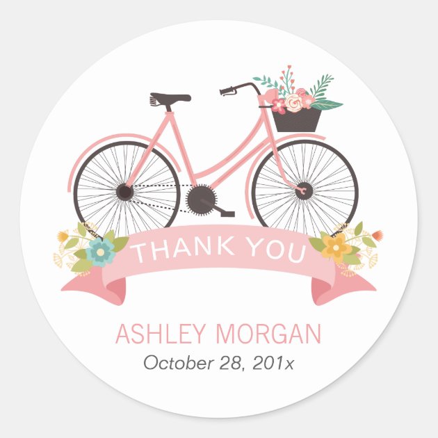Cute Floral Bicycle Blush Pink Thank You Classic Round Sticker