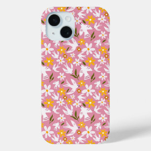 Cute Floral Bird Seamless Pattern iPhone 15 Case