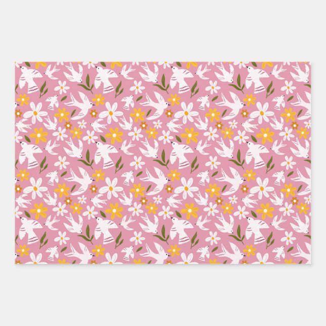 Cute Floral Bird Seamless Pattern Wrapping Paper Sheets (Front)