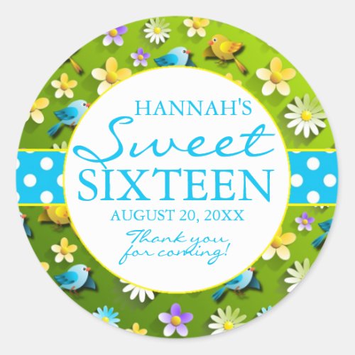 Cute Floral  Bird Sweet 16 Birthday Party Favor Classic Round Sticker