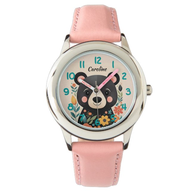 Cute Floral Black Bear Kids Watch (Front)