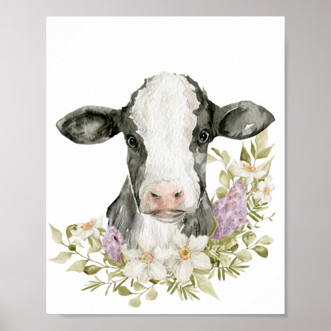 Cute Floral Black Cow Poster Print (Front)