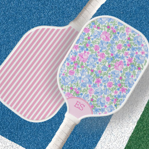 Cute floral blue and stripe pink pickleball paddle