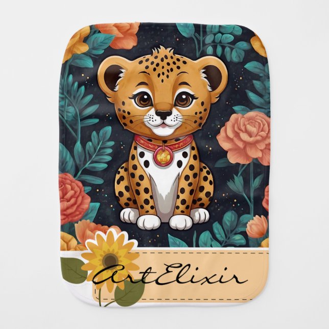 Cute Floral Blue Cheetah Print Baby Burp Cloth (Front)