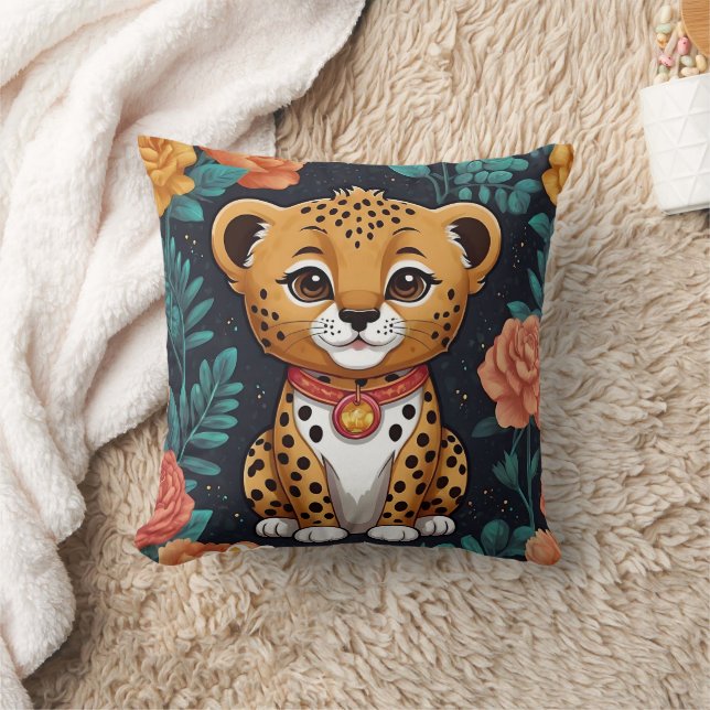 Cute Floral Blue Cheetah Print Throw Pillow (Blanket)