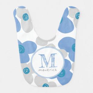 Cute Floral Blue Gray Baby Boy Simple Monogram Bib