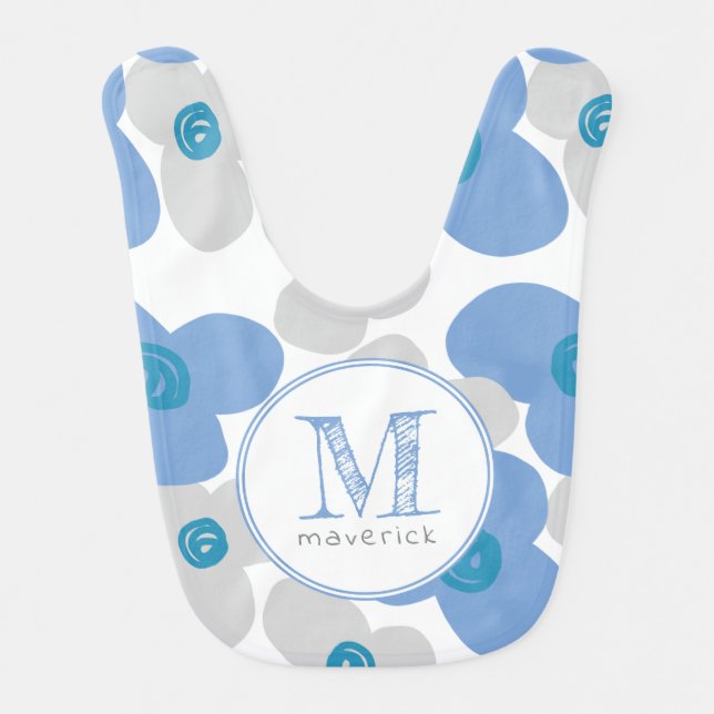 Cute Floral Blue Gray Baby Boy Simple Monogram Bib (Front)