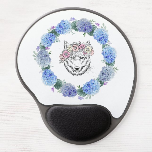 Cute Floral Blue Hydrangea Wolf Gel Mousepad (Front)